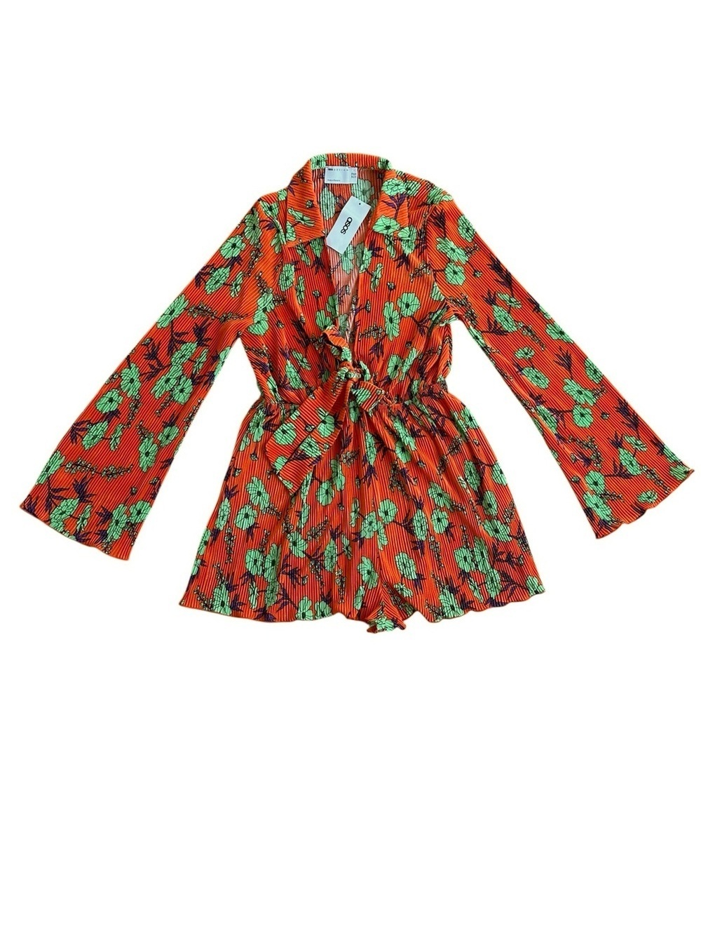 ASOS Orange Green Floral Long Sleeve Romper
